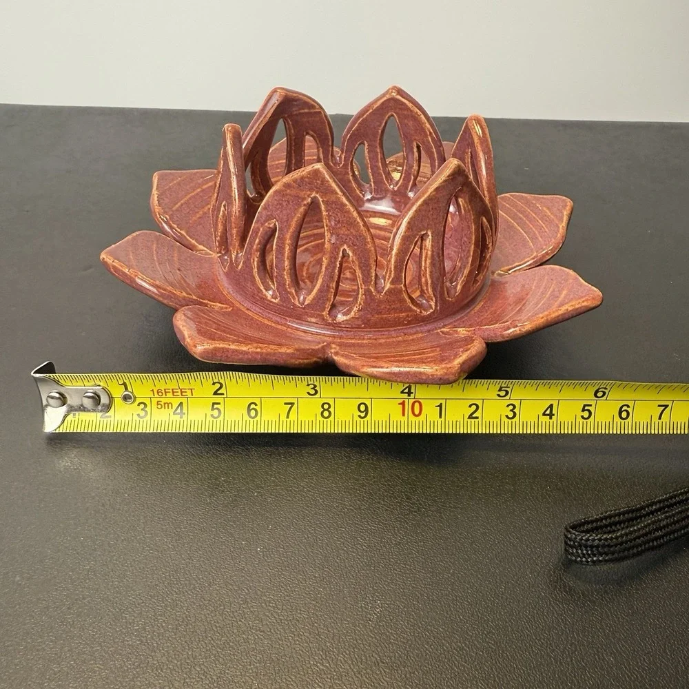 VTG Ceramic Lotus Flower Candle Holder In Terracotta Glazed Swirls Signed Beauty